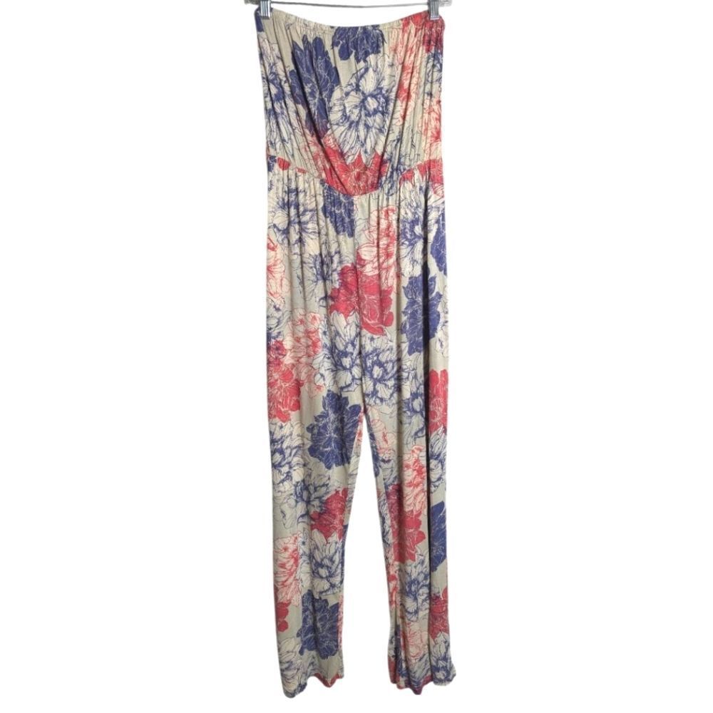 Magazine Cream Ruby Red & Blue Cotton Knit Floral Sleeveless Jumpsuit Womens M